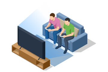 Isometric living room interior with two man play football video game on television. Sofa, console and screen show soccer match simulation. Sports entertainment, gaming hobby, home leisure © Golden Sikorka