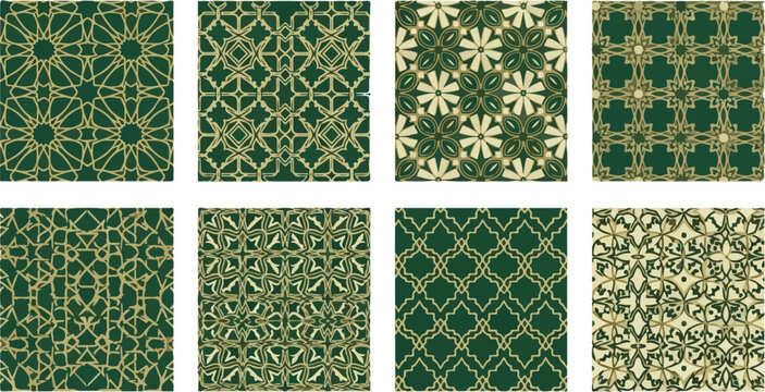 Collection of traditional islamic seamless patterns in gold and green for wallpaper or fabric design