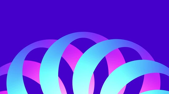 Multiple interlocking translucent arcs in shades of pink and blue stack together to form a light and airy wave pattern on a deep purple canvas