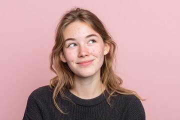 Fototapeta premium Teen girl smiling softly with skin acne