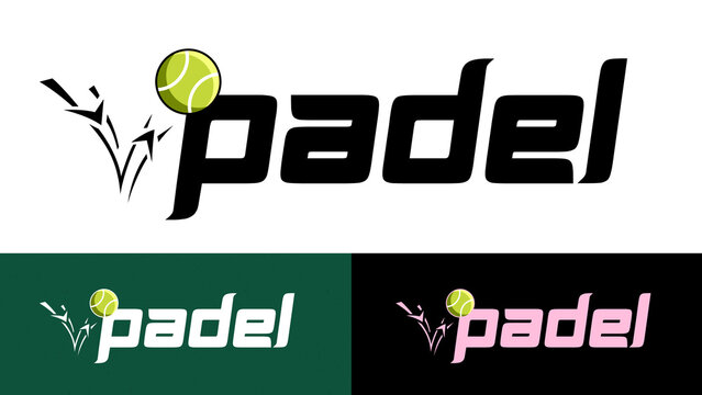 Padel tennis logo designs showcasing various color schemes and typography styles on different backgrounds with illustrations