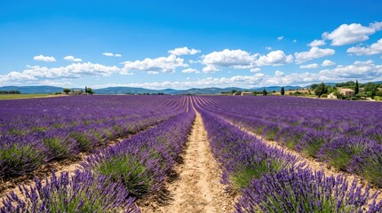 Rows of blooming purple lavender in a vast field under a blue sky.