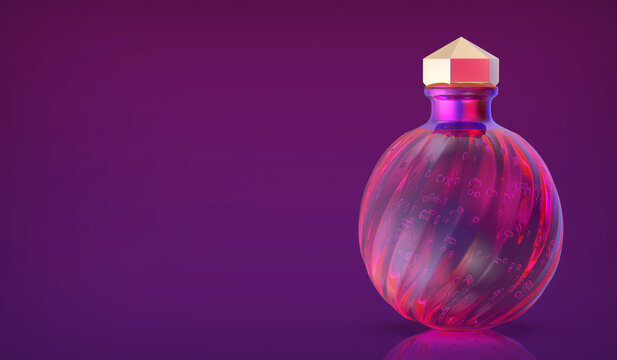 Magic potion bottle on shiny dark purple background
