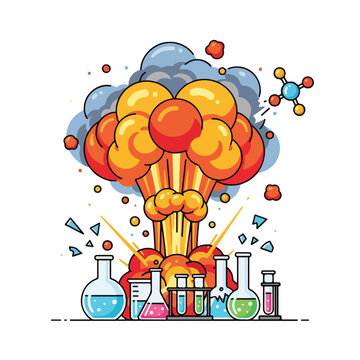 Colorful cartoon illustration of a chemistry lab explosion