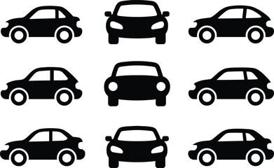 Black silhouette illustration of nine cars arranged in grid with side and front views, showcasing vehicle design variations, automotive classification, transportation, and technical concept.