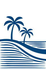 Logo agencia de viajes. Vacaciones de verano. Dibujo sencillo con líneas de la palma en una playa con olas de mar © teracreonte