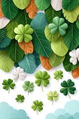 Fototapeta premium St. Patrick's Day background with falling shamrocks and layered green leaves for festive design