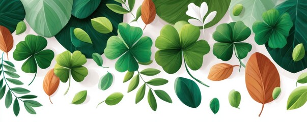Fototapeta premium St. Patrick's Day background with shamrocks and green leaves on a white backdrop for festive designs