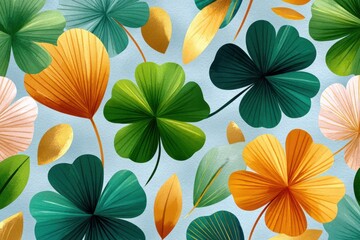 Fototapeta premium Watercolor St. Patrick's Day shamrocks and clovers floating on a soft textured background