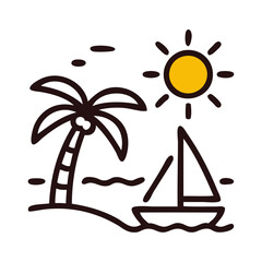 Logo agencia de viajes. Vacaciones de verano. Dibujo sencillo con líneas de la palma en una playa con sol y un barco de vela con olas de mar © teracreonte