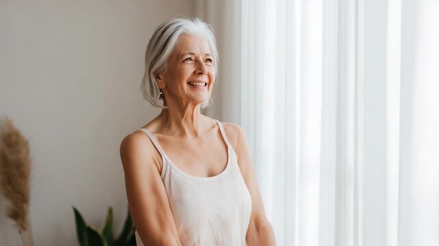 Standing senior woman in tank holding hands at sunlit window, drawing smile and releasing hands
