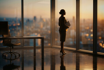 Fototapeta premium Businesswoman Standing in Modern Skyscraper Office Looking at City Skyline at Sunset, Leadership and Success Vision Concept, Professional Woman Holding Documents in Corporate Office