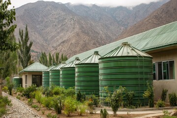 Industrial water storage tanks near mountain range