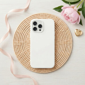 Mockup of blank white i-phone case placed on ratan placemat, flowers nearby. Empty mobile case template