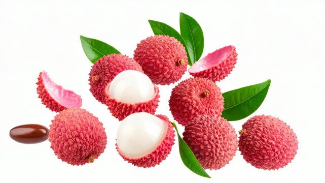 Fresh ripe red lychee fruits with green leaves and peeled halves showing white pulp isolated on white background