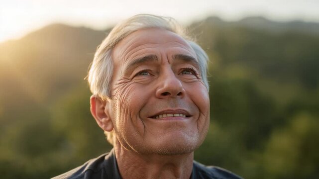 Lifting chin, senior man squinting and smiling at hillside, sunlight hitting left cheek, dark shirt