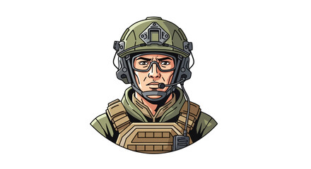 An infographic illustration of a soldier wearing a green helmet and army vest with a stern expression on a white background © Asap