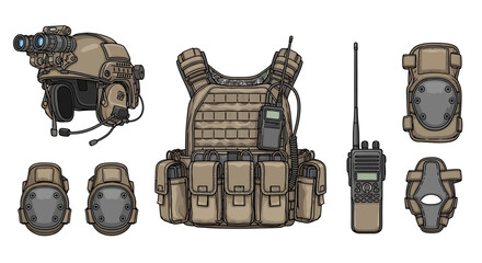 Military tactical gear set including army vest, helmet, drone, walkie-talkie, and other equipment for soldier, displayed on a clean white background with a technological and transportation © Asap