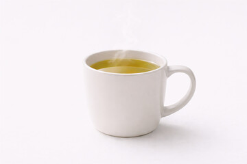 Obraz premium Hot Jasmine Tea in White Ceramic Cup with Steam, Healthy Herbal Beverage on Minimalist White Background, Zen and Wellness Concept Illustration