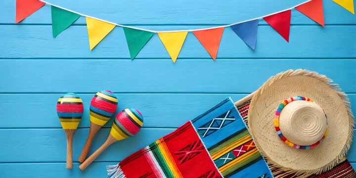 Colorful Mexican Fiesta Decorations with Maracas Flags and Sombrero on Bright Blue Wooden Background