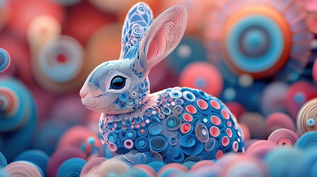 3D paper craft rabbit sculpture, soft line floral art decoration, modern soft decoration space display