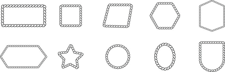 Rope frame border set isolated on white background . Circle, square, oval shape in sea sailor theme. Pattern rope brush. nautical rope collection  © MDneamul