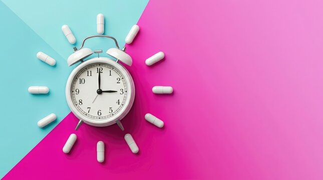 Alarm clock showing three o clock surrounded by white pills on blue and pink background
