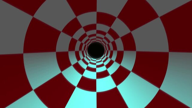 Futuristic 3D tunnel with red, white, and blue concentric circles leading to a black center, set against a gradient background.