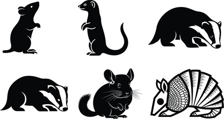 Obraz premium collection of animal silhouettes featuring badgers ferrets and rodents on white background