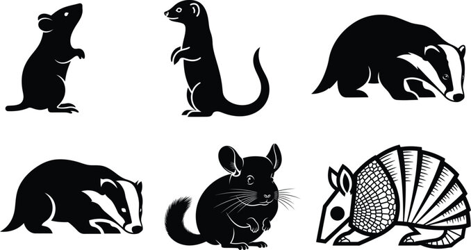 collection of animal silhouettes featuring badgers ferrets and rodents on white background