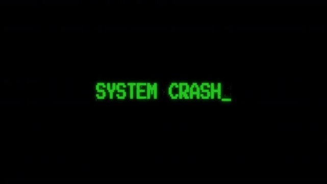 system crash text typing computer retro style with rgb split noise effect glitch distortion, flicker background. motion text 4k video with alpha channel