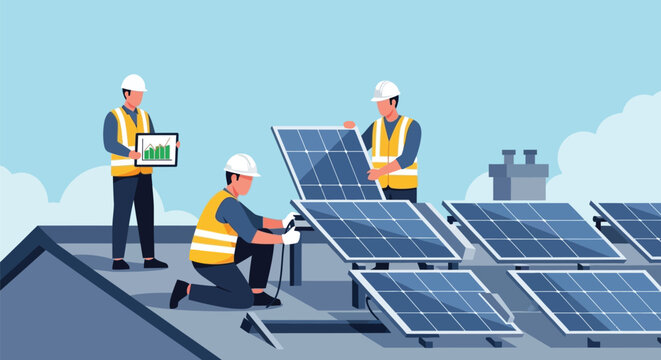 Solar panel installation team on roof vector