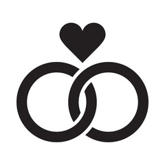 Wedding rings with heart linked together in the symbol of marriage flat vector icon