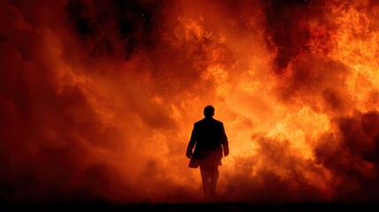 Obraz premium Man's dark silhouette walks calmly through a sea of raging flames. Ideal for concepts of challenges, danger, hell, or resolute departure.