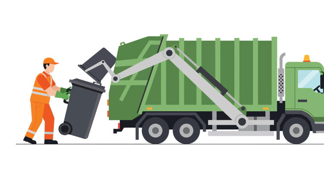 Garbage truck operator emptying bin vector