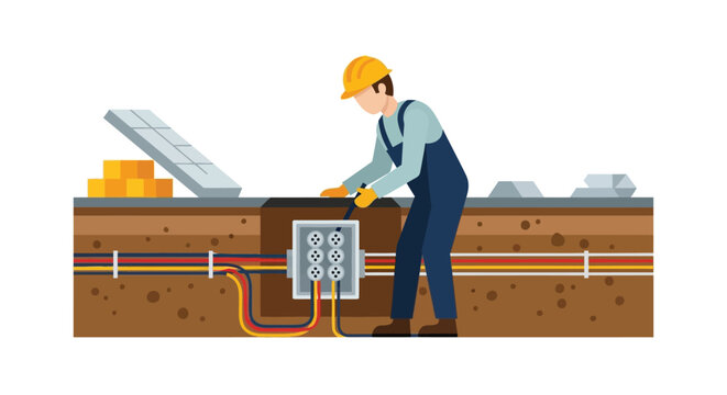 Utility worker accessing underground vault vector