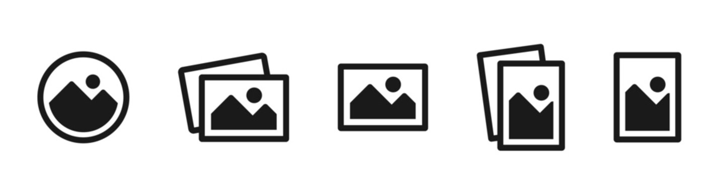 Image placeholder black icon set. Isolated flat blank album photo placeholder symbol on white background. Landscape picture frame concept gallery layout to upload. Vector illustration.