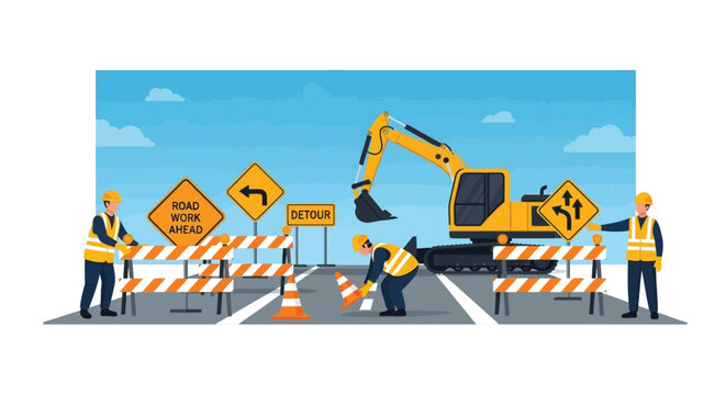 Excavator crew at road construction vector