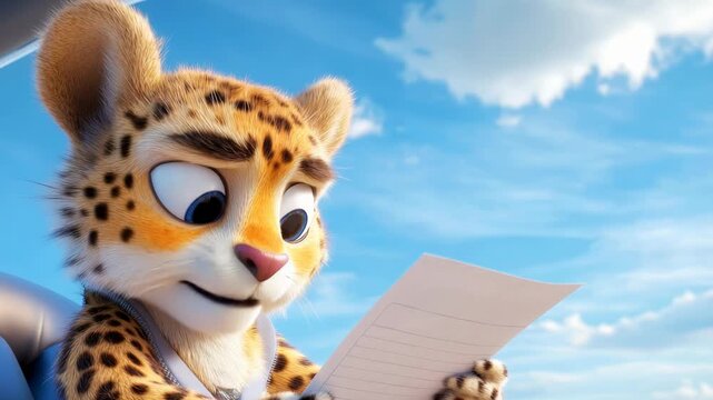Cheetah pilot cartoon character reading a letter with changing sad surprised facial expressions while sitting in an airplane cockpit