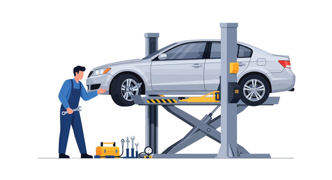 Auto mechanic inspecting car on lift vector