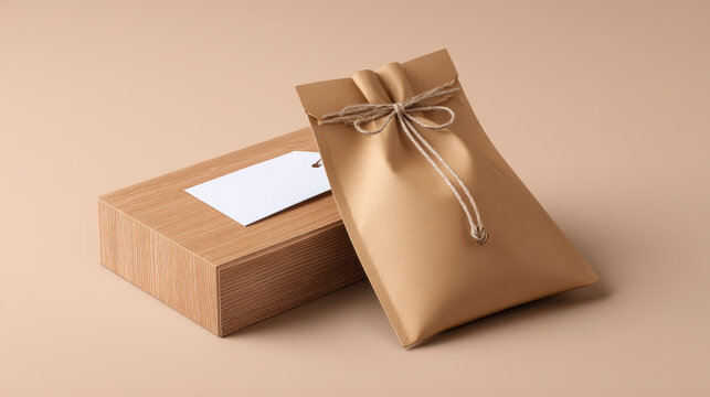 Tea Bag with String and Label Mockup on Wood Surface