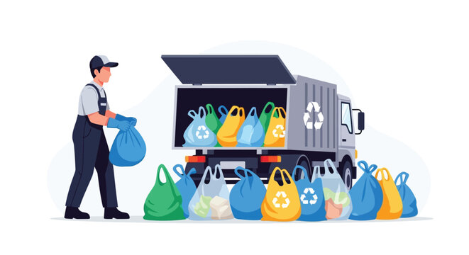 Waste collector loading recycling truck vector