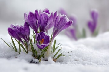 Crocus flowers blooming in snowy ground