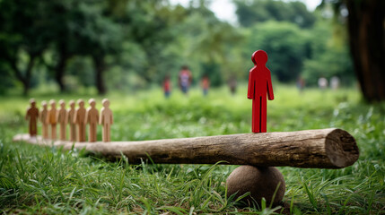 Obraz premium Single red human figure balancing alone on one end of a seesaw against multiple beige figures in a lush grassy field with trees, defocused background, individuality concept, with