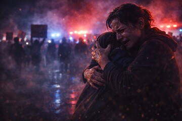 Emotional Man Hugging Loved One During Night Protest with Police Lights