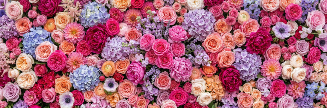 Lush colorful flower wall with roses and hydrangeas 