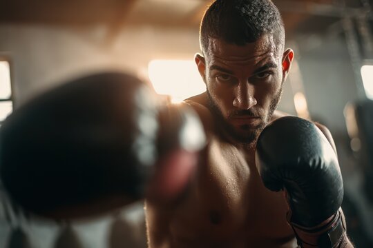 Boxer training hard in modern gym