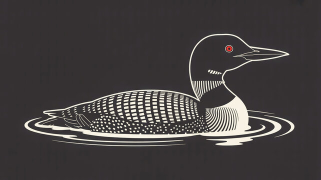 A black and white minimalist illustration of a loon swimming on water, rendered in a woodcut print style