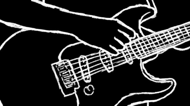 rotoscope animation of hand strumming electric guitar. sketch doodle raw line style on black background