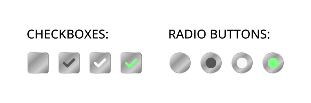 Set of checkboxes and radio buttons. Collection of checked and unchecked boxes, selected and unselected option buttons for forms, surveys and user interface design. UI elements for web and mobile apps